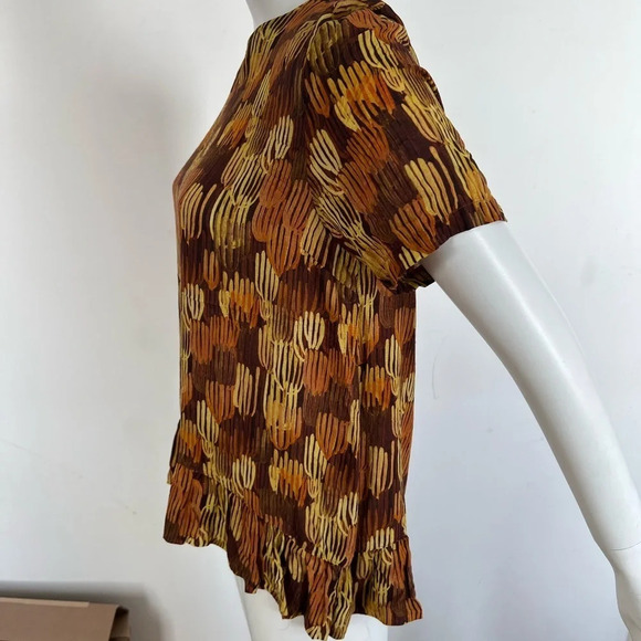 Maison Olga Women Tops Blouse Orange Yellow Cotton Short Sleeve Ruffle Hem Sz M - Picture 2 of 8